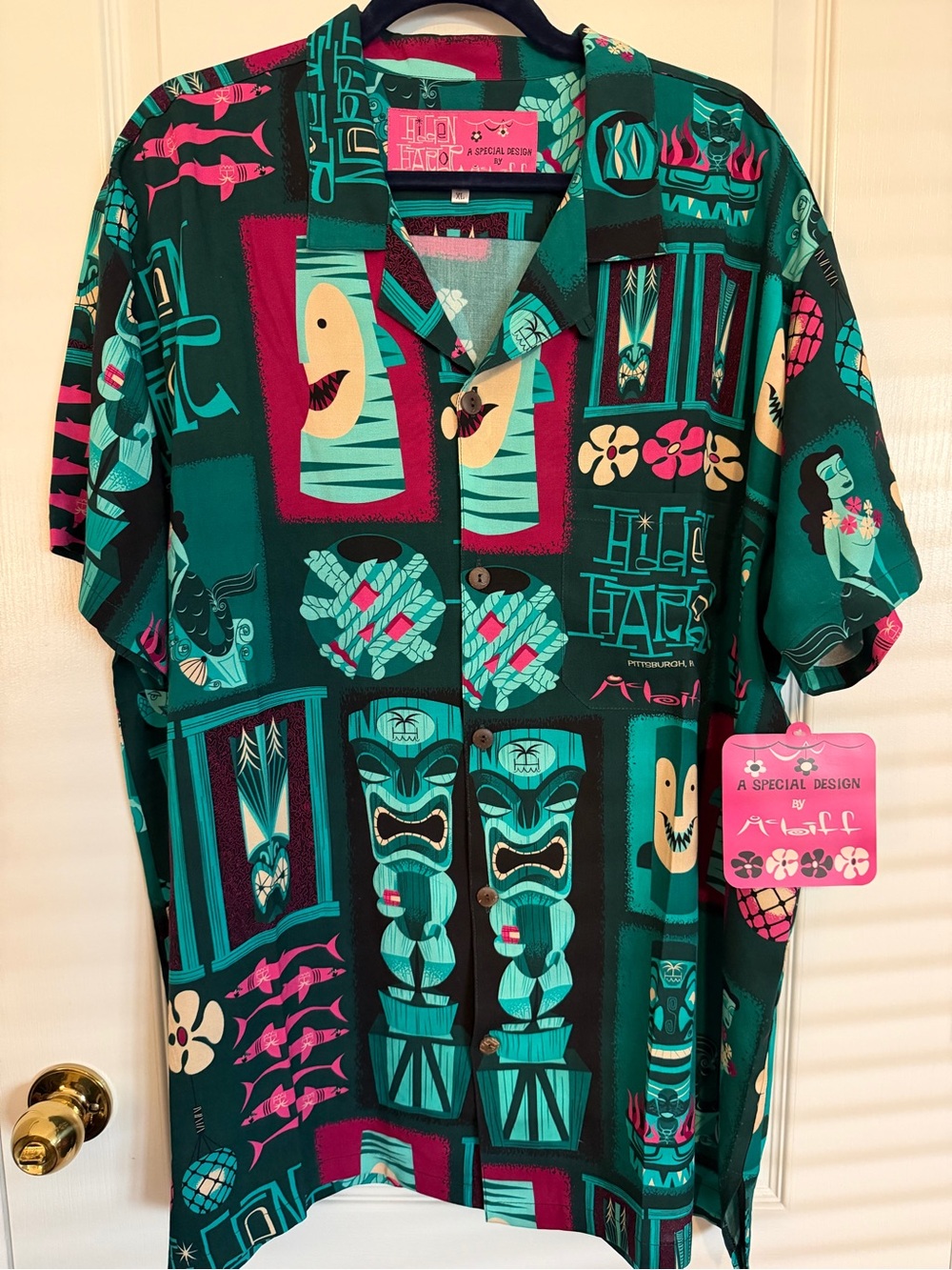 McBiff Hidden Harbor 10th anniversary Teal, Green Tiki Hawaiian Aloha Shirt